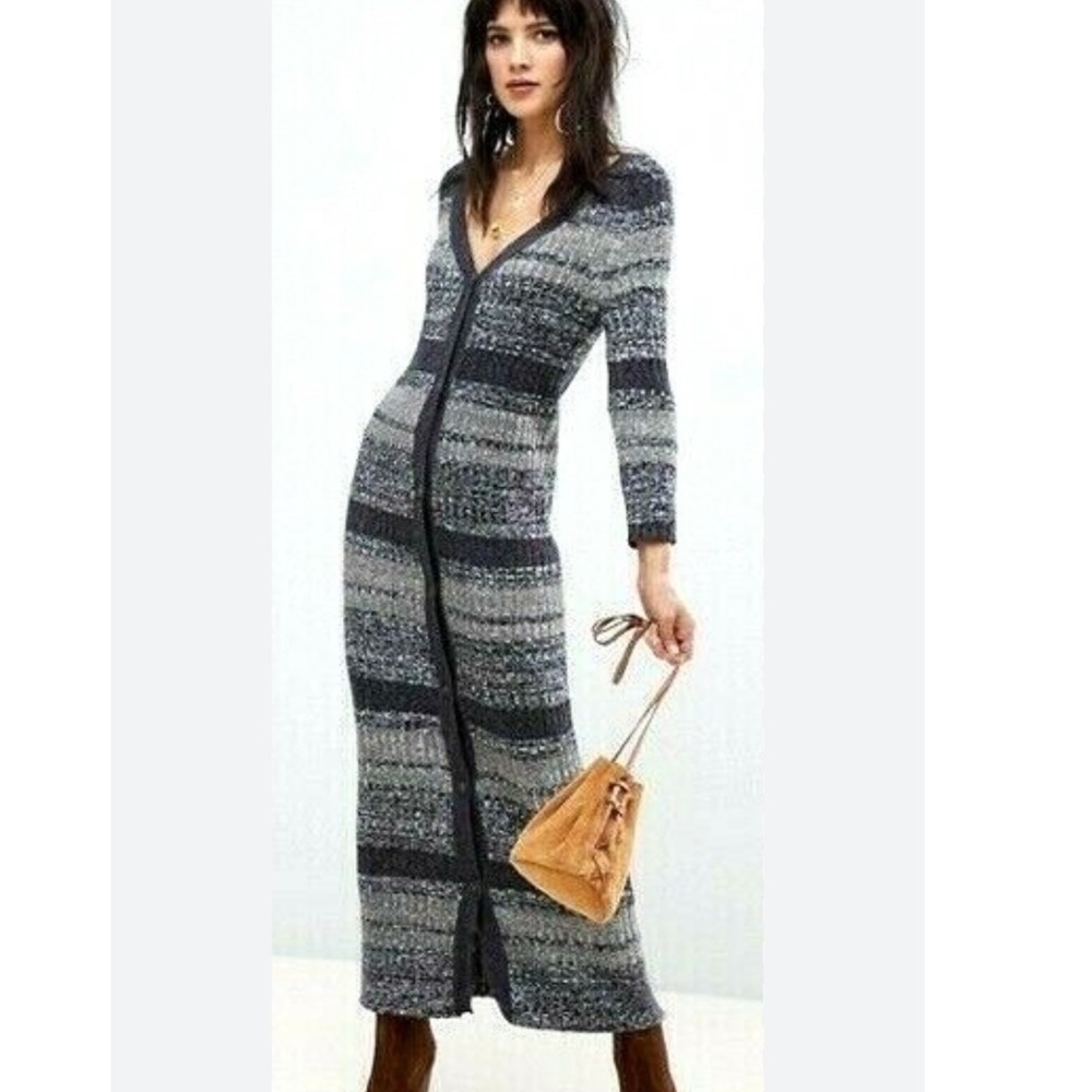 Free People Grey Striped Ribbed Knit Button Front Maxi Dress Duster XS